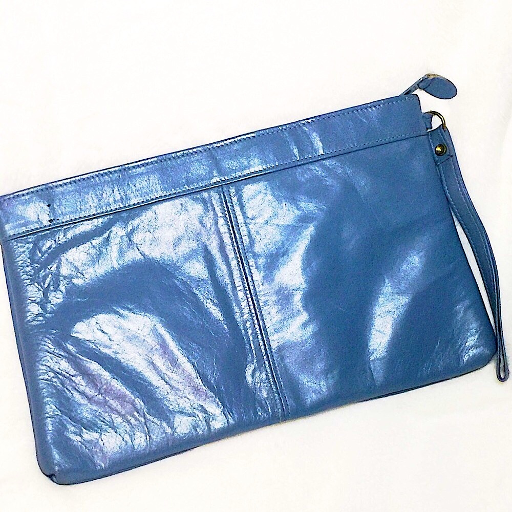 🥳HP: Sky Blue Leather Wristlets Zipper w/Ribbed Decor Vintage Bag - Picture 2 of 14